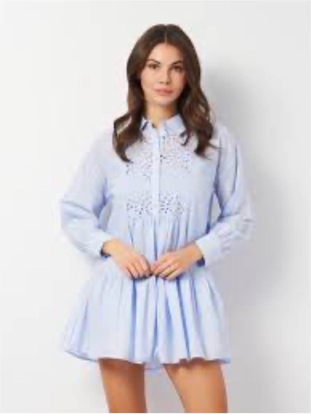 Zara Eyelet Yoke Light Blue Mini Dress with Long Sleeves